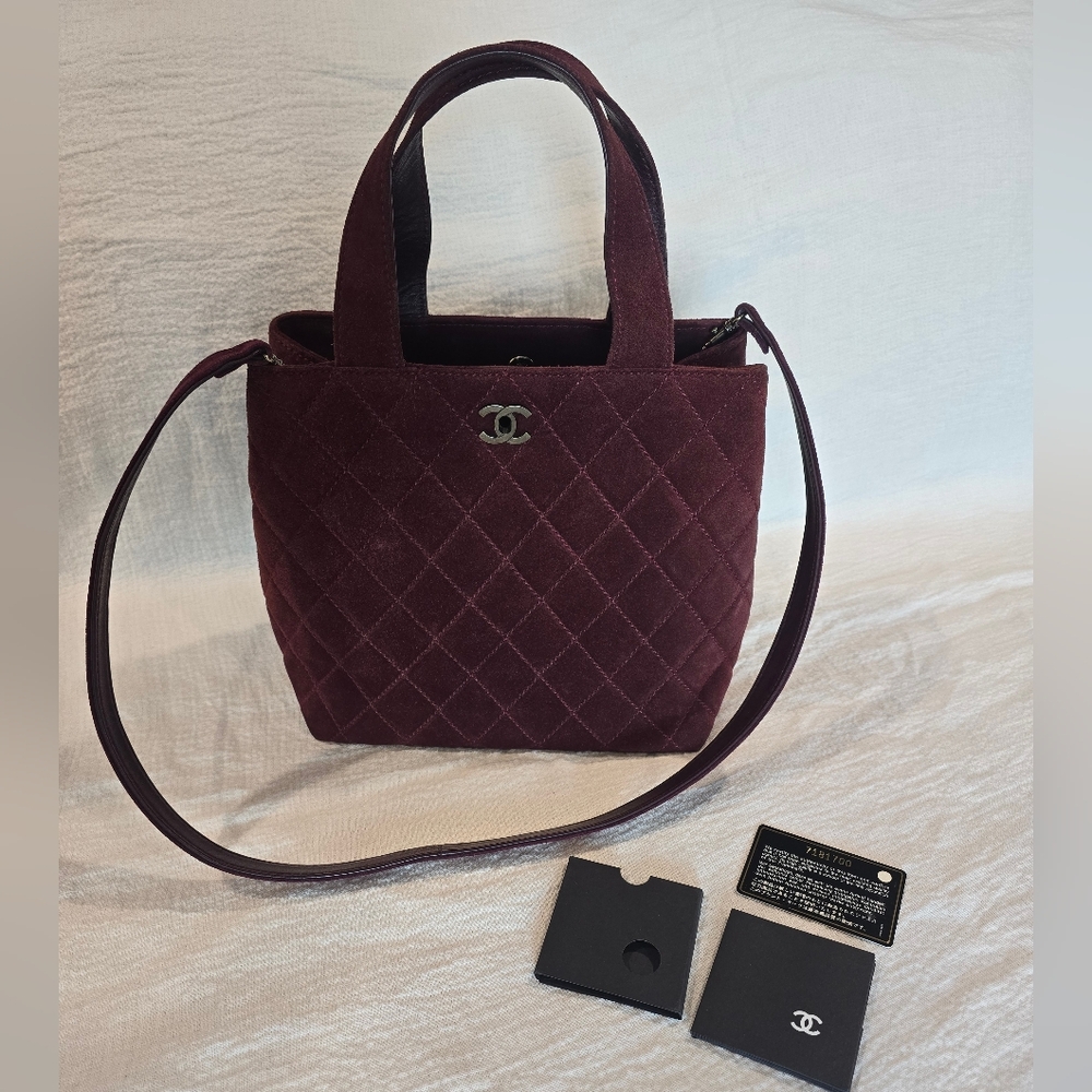 Chanel Burgandy Suede Leather Quilted Tote w/ Strap CC Turnlock Bag Purse Silver